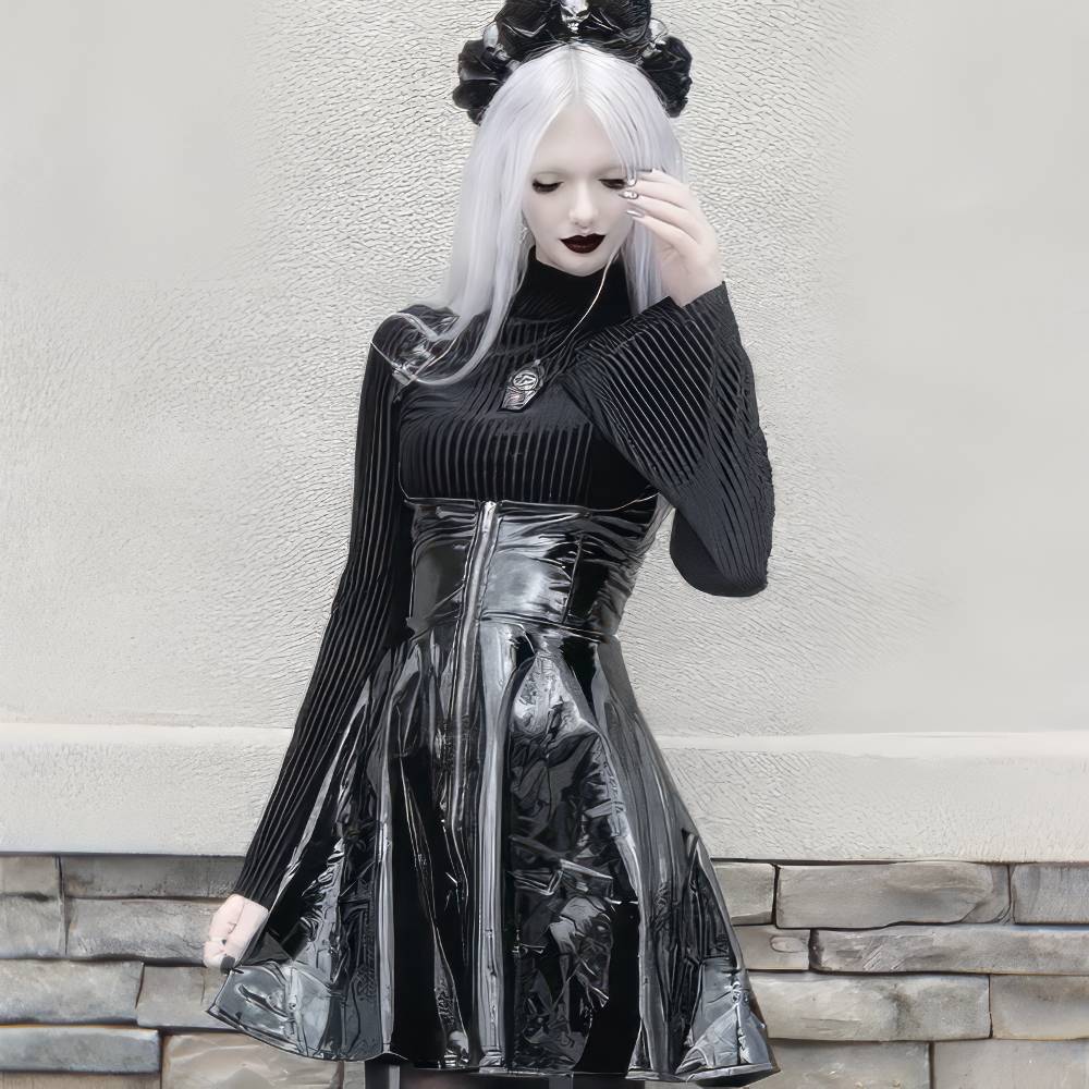 Jupe gothique cuir noir brillante modèle Mourningia portée vue de face avec taille haute et coupe évasée