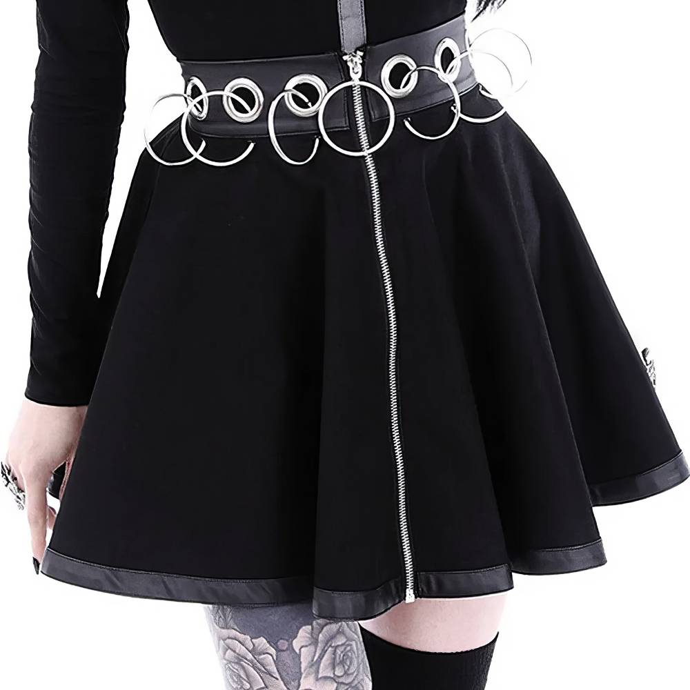 Jupe gothique Lady Frostwovenia noire avec ceinture à anneaux métalliques et bordure satinée