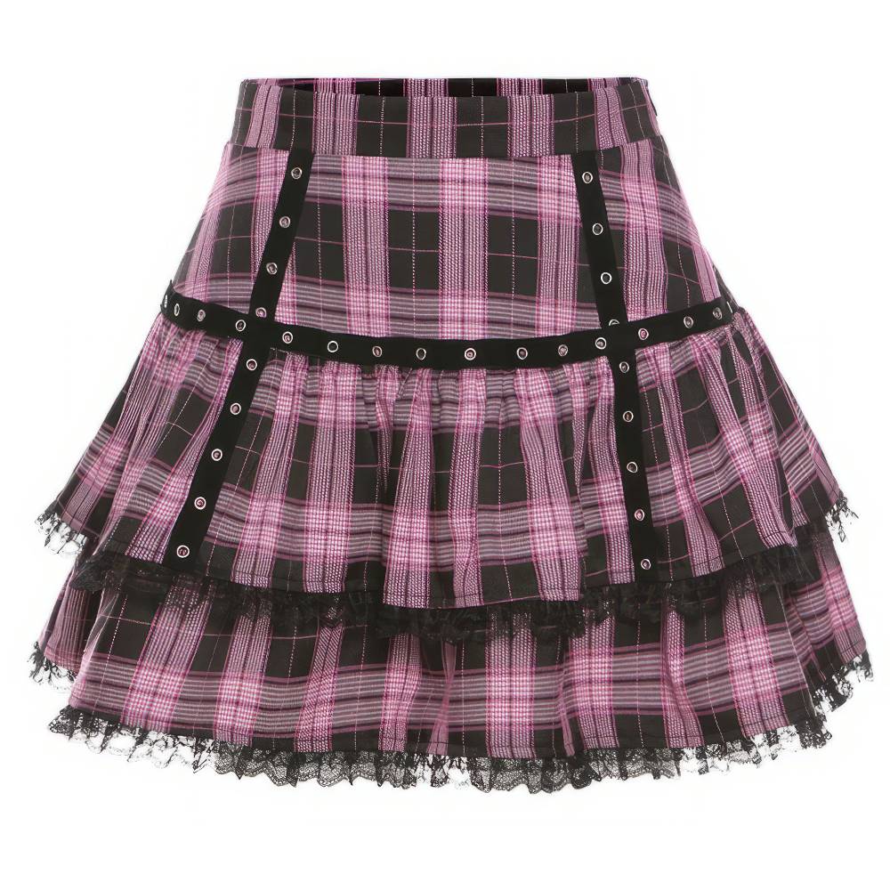Jupe gothique lolita Mystveilia en tissu à carreaux roses et noirs avec volants et dentelle noire