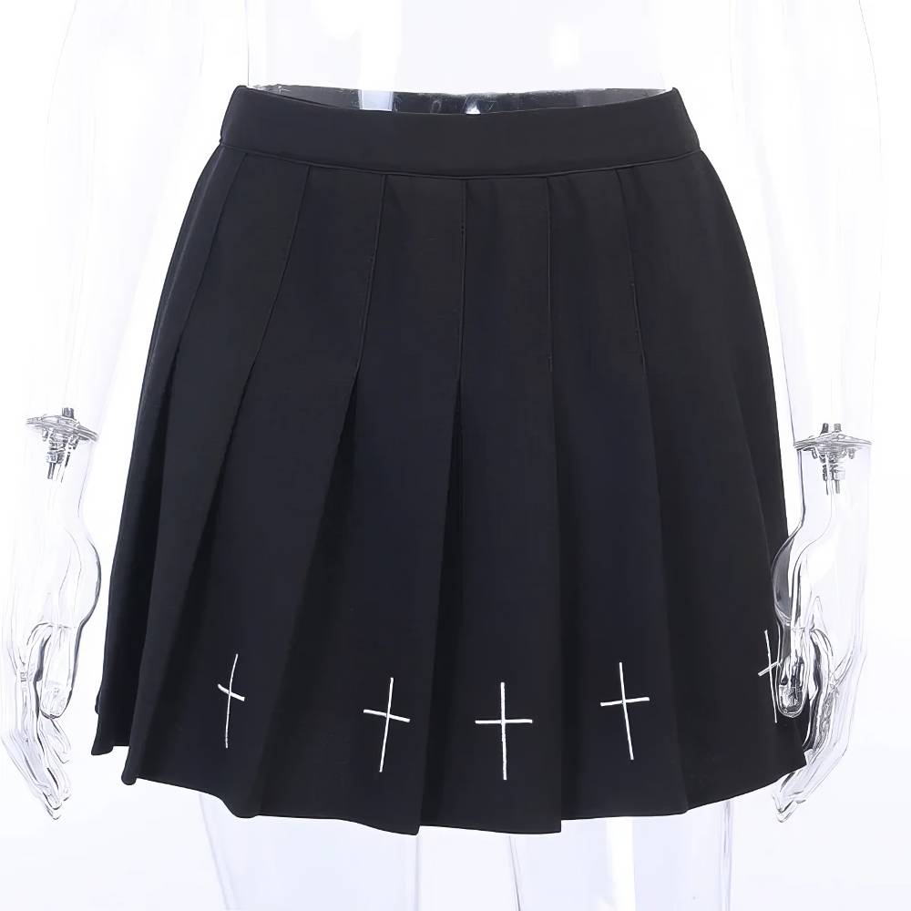 Jupe noire gothique Vortexveinia plissée avec broderies de croix blanches sur l'ourlet
