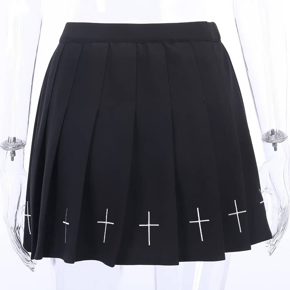 Jupe noire gothique Vortexveinia plissée avec croix blanches brodées en bas