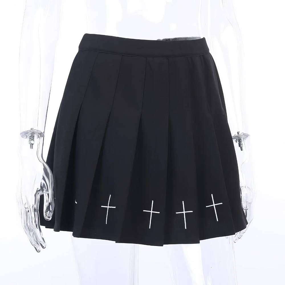 Jupe noire gothique Vortexveinia plissée avec croix blanches brodées sur le bas