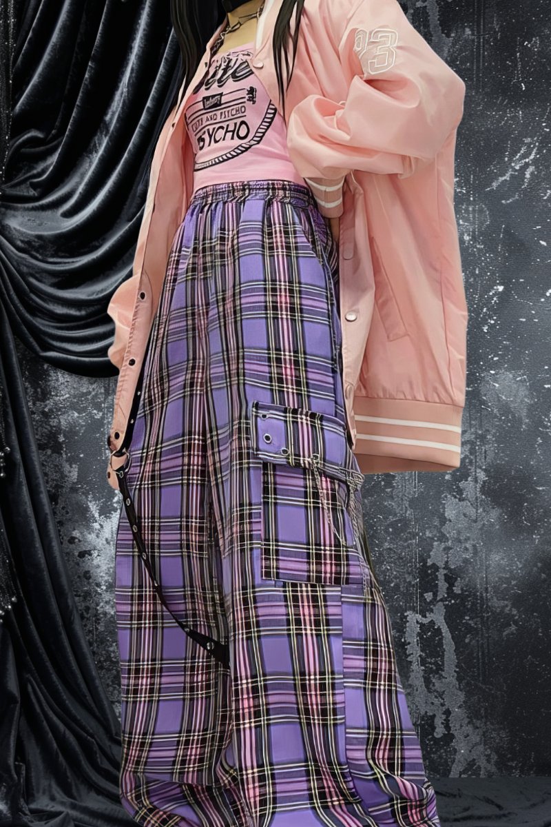 Pantalon baggy gothique Eclipsedreamia en tissu à carreaux violet et noir avec poches latérales à rabat