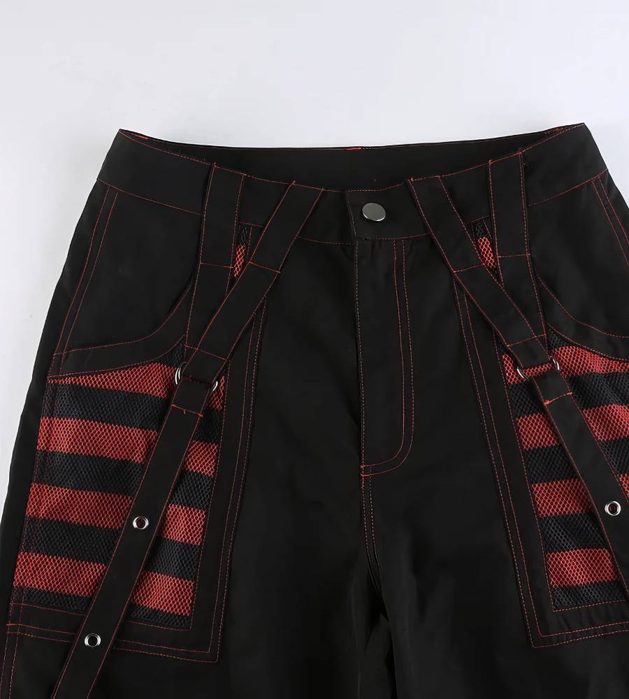 Pantalon Chaine Gothique ShadowStitch noir avec poches à rayures rouges et bretelles à œillets
