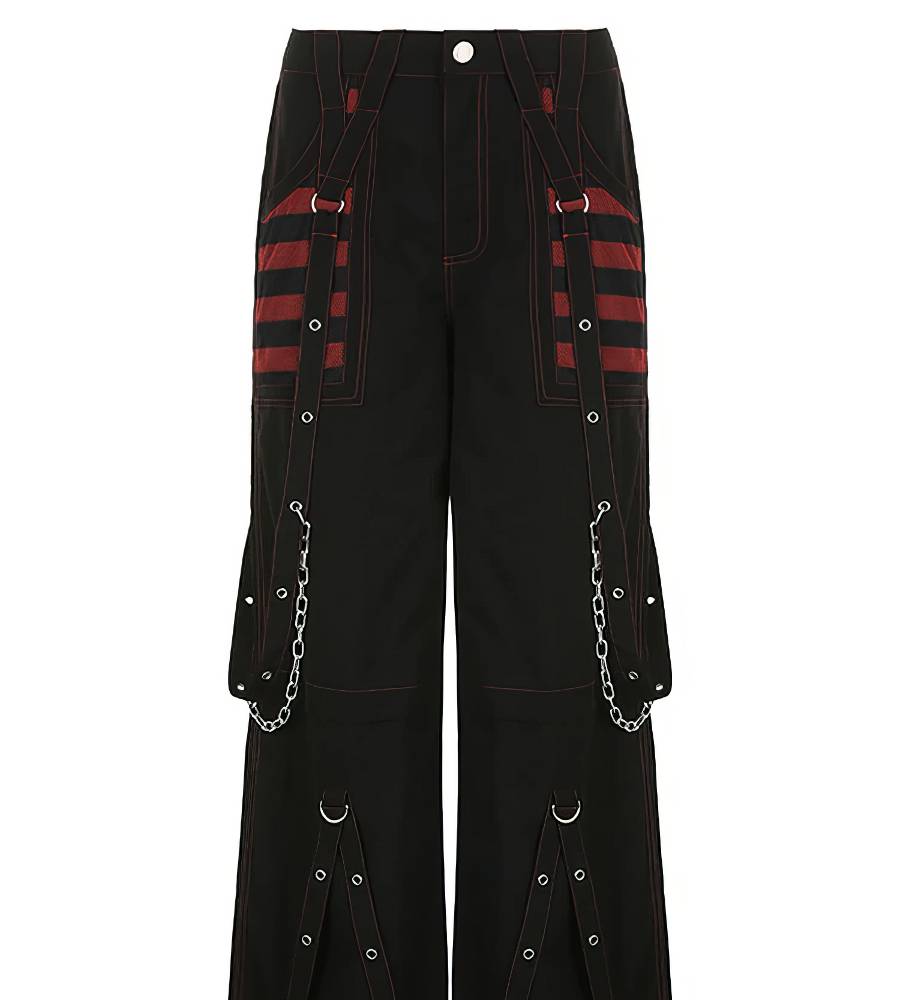 Pantalon Chaine Gothique ShadowStitch noir avec poches latérales à rayures rouges et chaînes décoratives métalliques