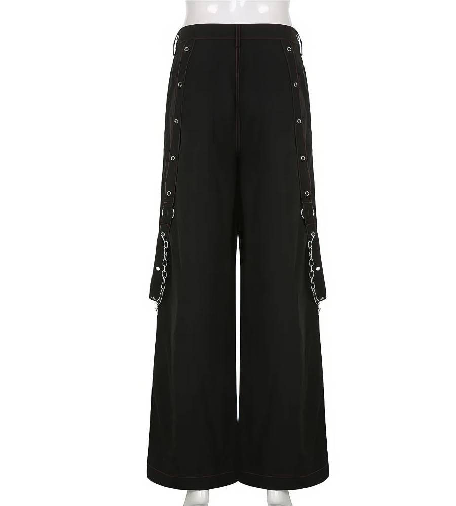 Pantalon chaîne gothique ShadowStitch noir avec poches latérales et chaînes décoratives, vue de face
