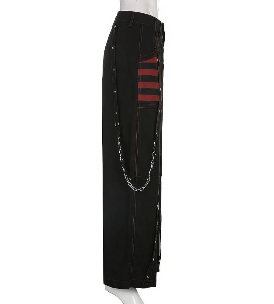 Pantalon chaîne gothique ShadowStitch noir vue de profil avec détails chaîne métallique et bandes rouges