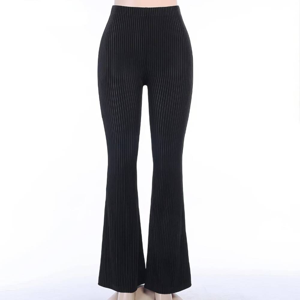 Pantalon Cyber Gothique VeilGleam noir à fines rayures verticales, coupe flare