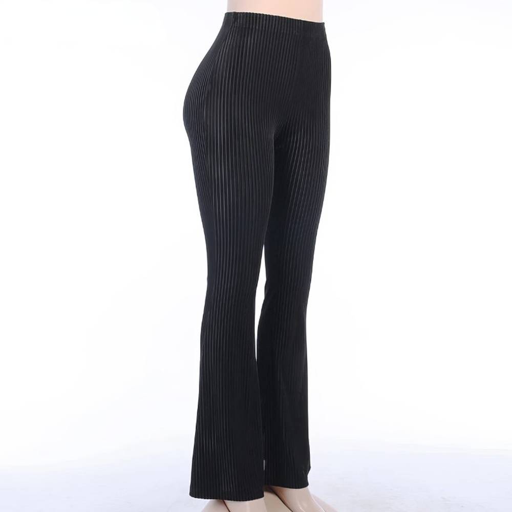 Pantalon Cyber Gothique VeilGleam noir à fines rayures verticales, coupe évasée