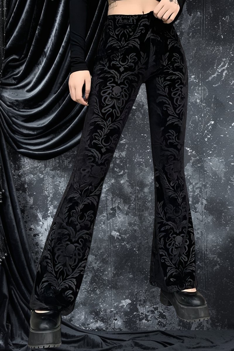 Pantalon femme style gothique noir en velours avec motif baroque ton sur ton SpireEdge