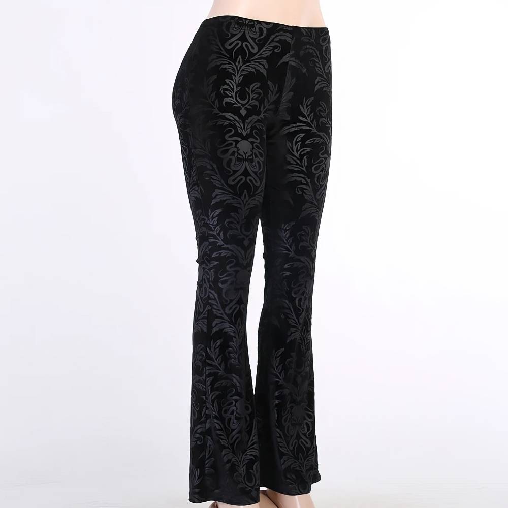 Pantalon femme style gothique SpireEdge en velours noir avec motif baroque ton sur ton, coupe évasée