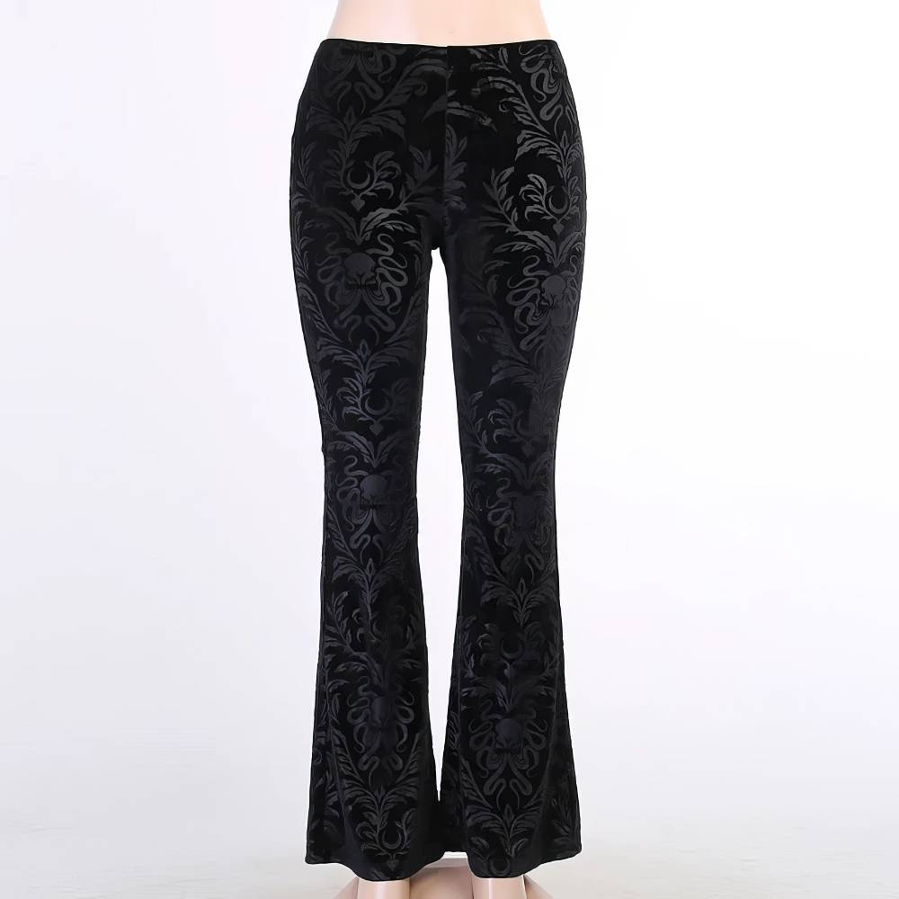Pantalon femme style gothique SpireEdge en velours noir avec motif baroque ton sur ton, coupe évasée