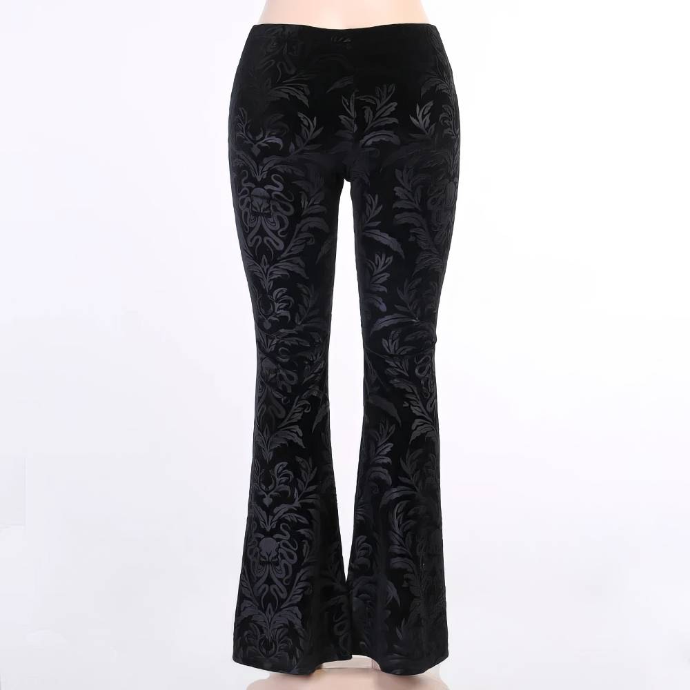 Pantalon femme style gothique SpireEdge en velours noir avec motif baroque ton sur ton, coupe évasée