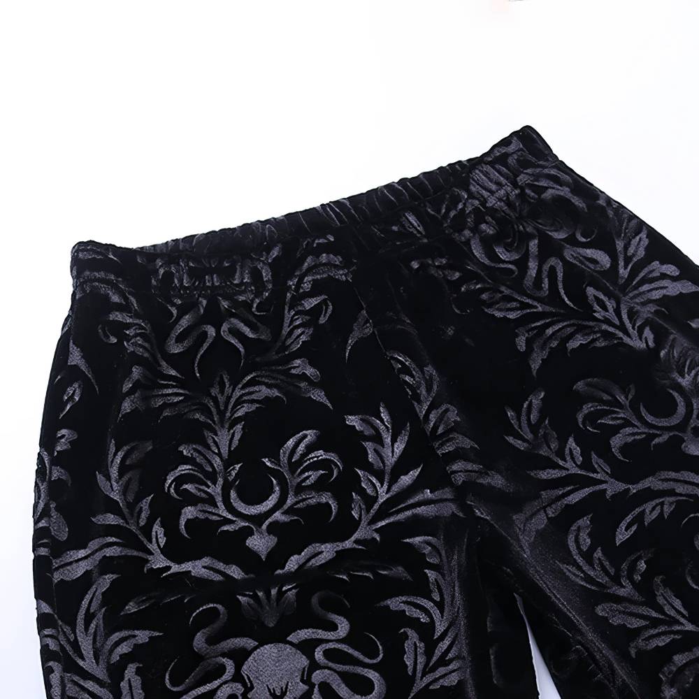 Pantalon femme style gothique SpireEdge en velours noir avec motif baroque ton sur ton, détail de la taille élastique