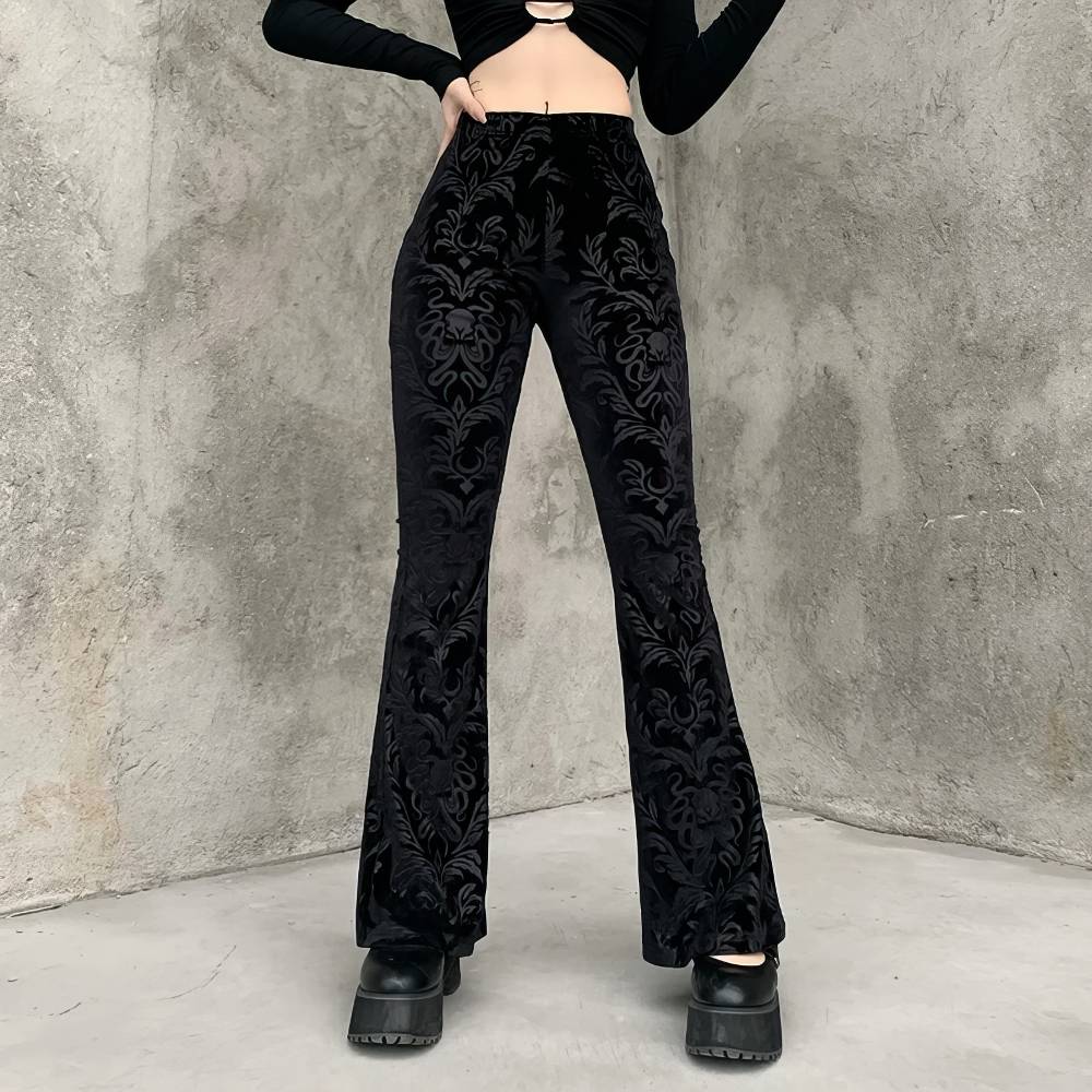 Pantalon femme style gothique SpireEdge en velours noir avec motif baroque ton sur ton, coupe évasée