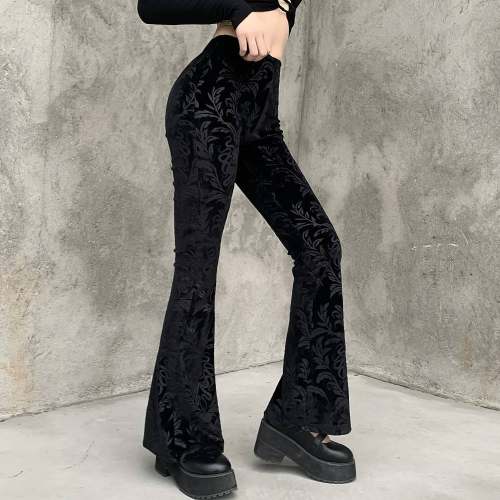 Pantalon femme style gothique SpireEdge en velours noir avec motif baroque, coupe évasée