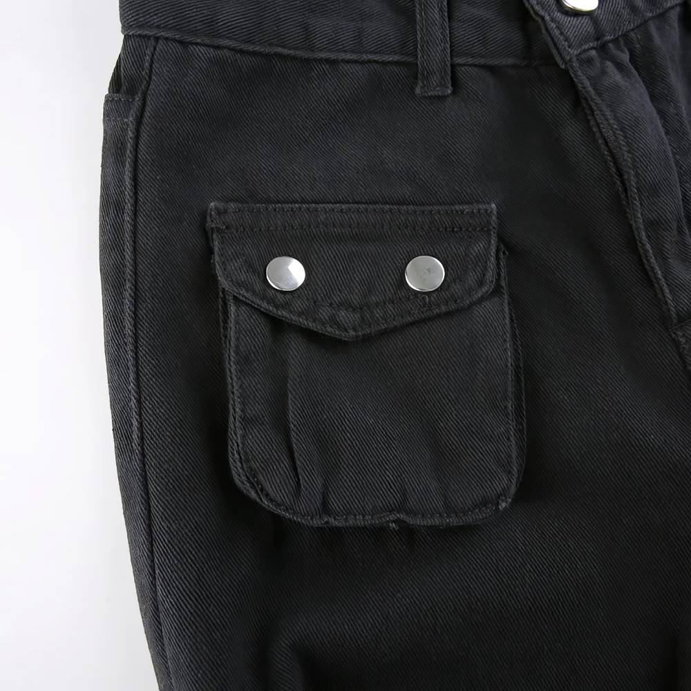 Pantalon femme punk gothique GloomVein noir détail poche latérale à rabat avec boutons métalliques