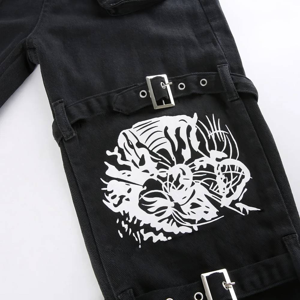 Pantalon femme punk gothique GloomVein noir avec motif blanc graphique et boucles métalliques