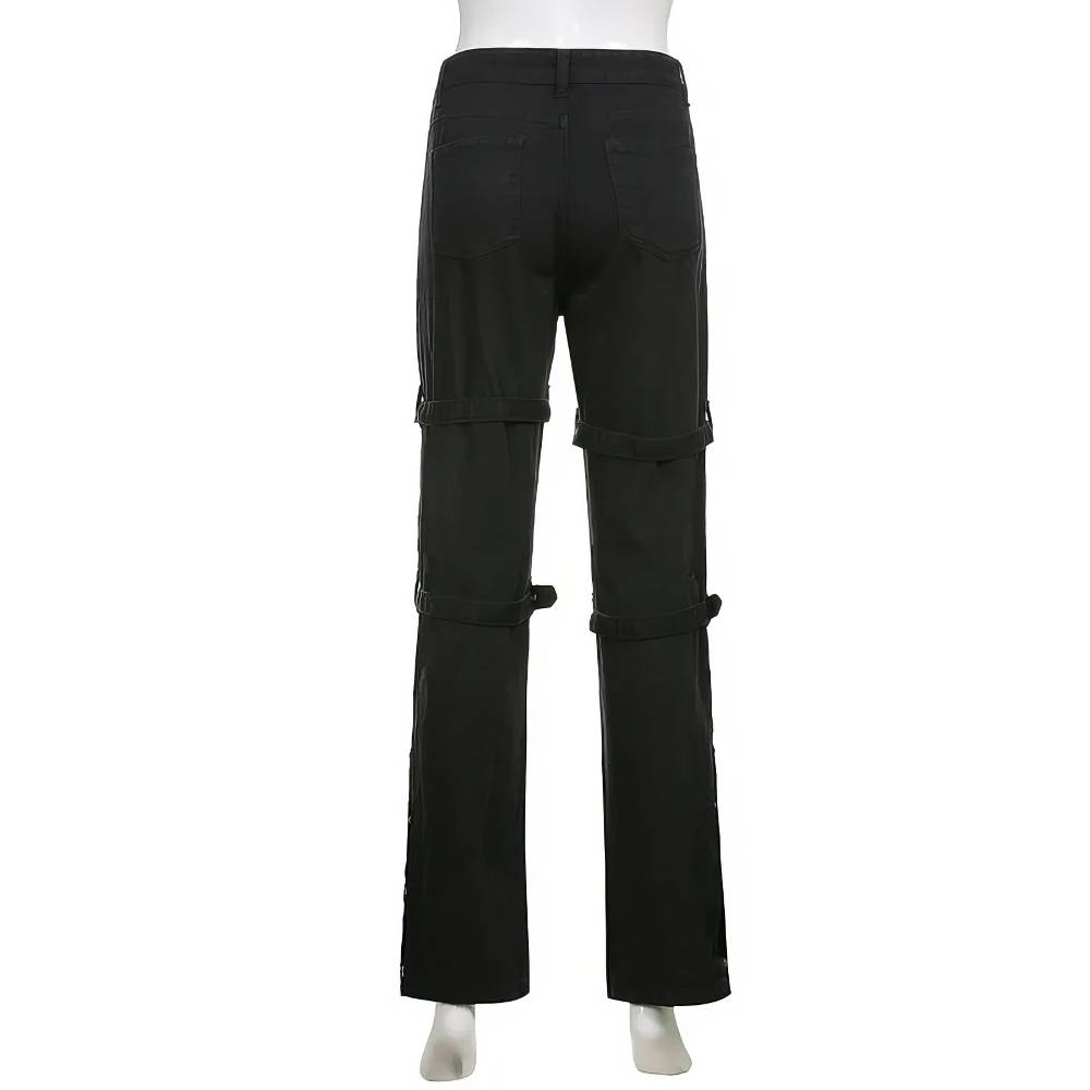 Pantalon femme punk gothique GloomVein noir vue arrière avec découpes et sangles aux jambes