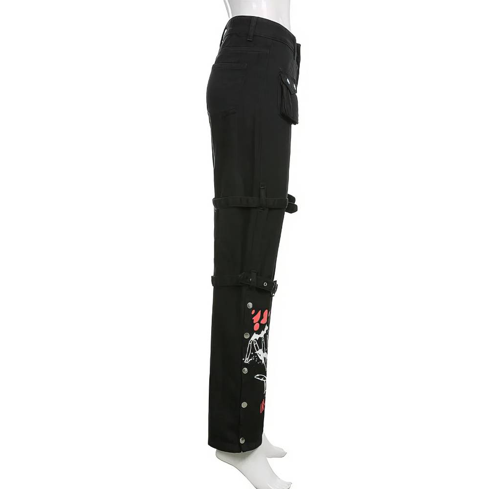 Pantalon femme punk gothique GloomVein noir avec poches latérales et motifs imprimés rouges et blancs sur la jambe, vue de profil