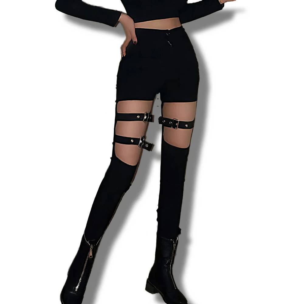 Pantalon gothique femme noir Majesty avec découpes et sangles ajustables sur les cuisses, style alternatif et rock gothique