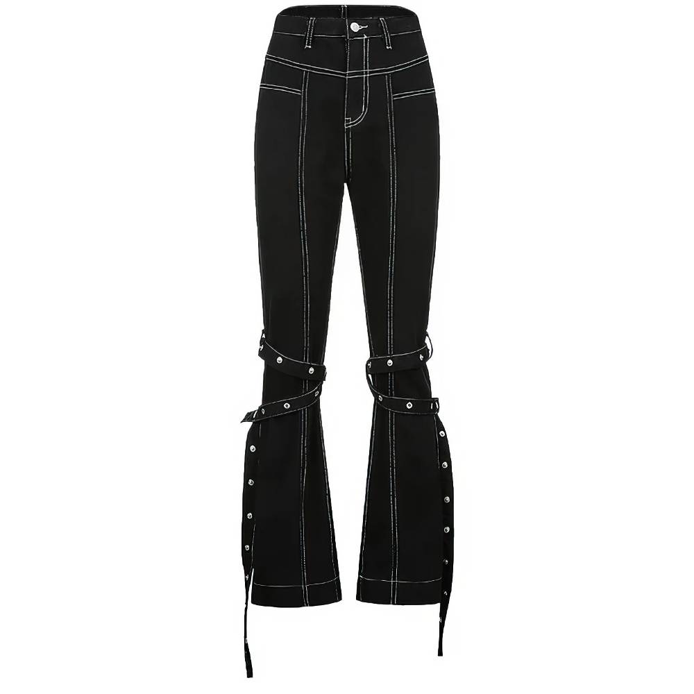 Pantalon gothique femme noir avec rivets argentés et lanières aux jambes modèle Casudow