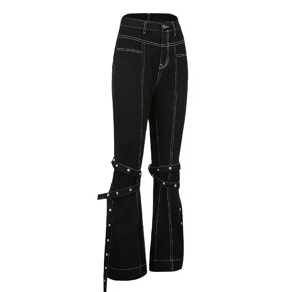 Pantalon gothique femme noir avec rivets argentés et sangles décoratives Casudow, coupe évasée