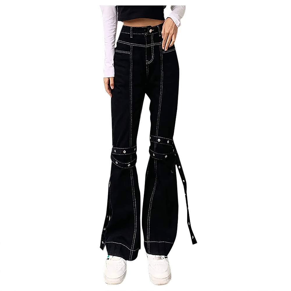 Pantalon gothique femme noir avec rivets et sangles aux genoux modèle Casudow