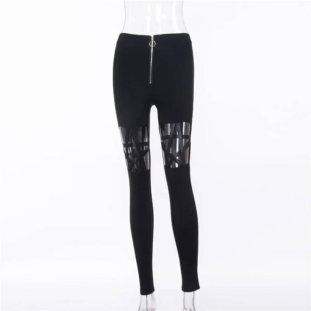 Pantalon gothique noir Victorium avec motif pentagramme en découpe sur les cuisses et fermeture éclair avant