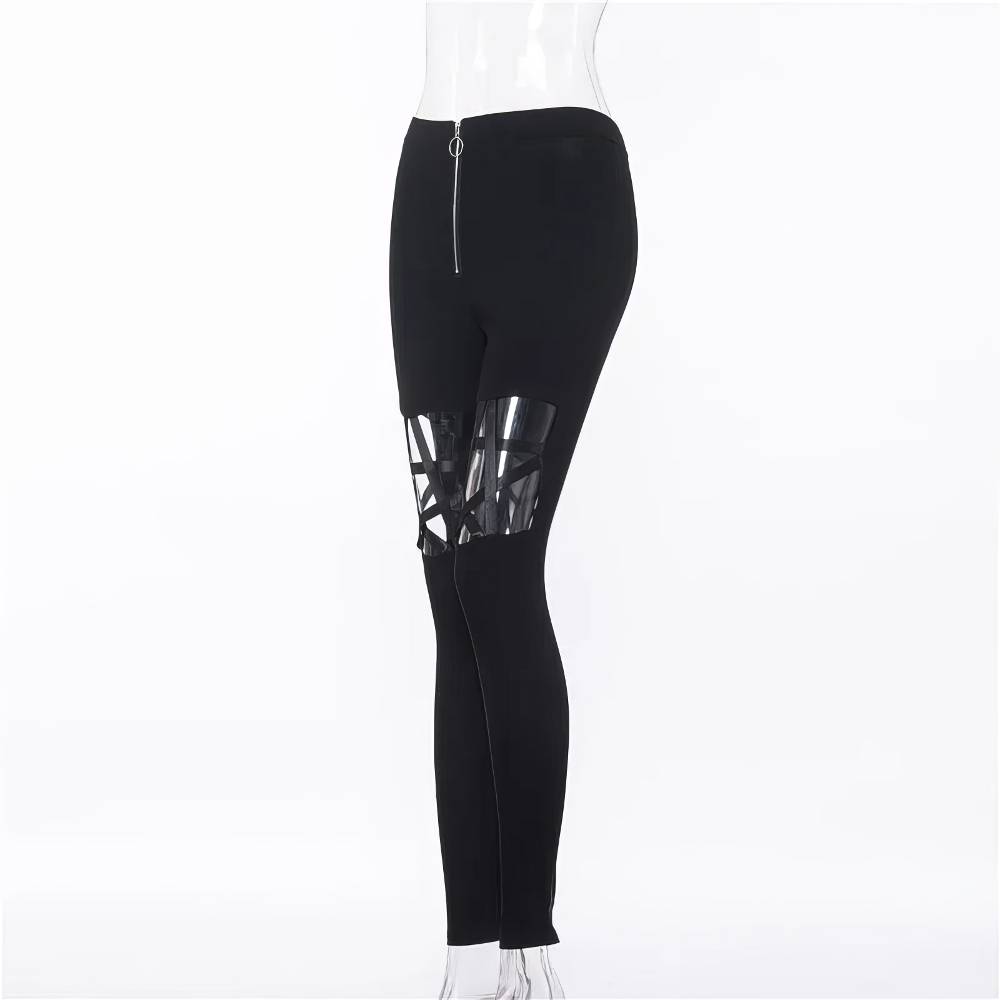 Pantalon gothique noir Victorium avec motif pentagramme en vinyle sur les cuisses, coupe slim et fermeture éclair frontale