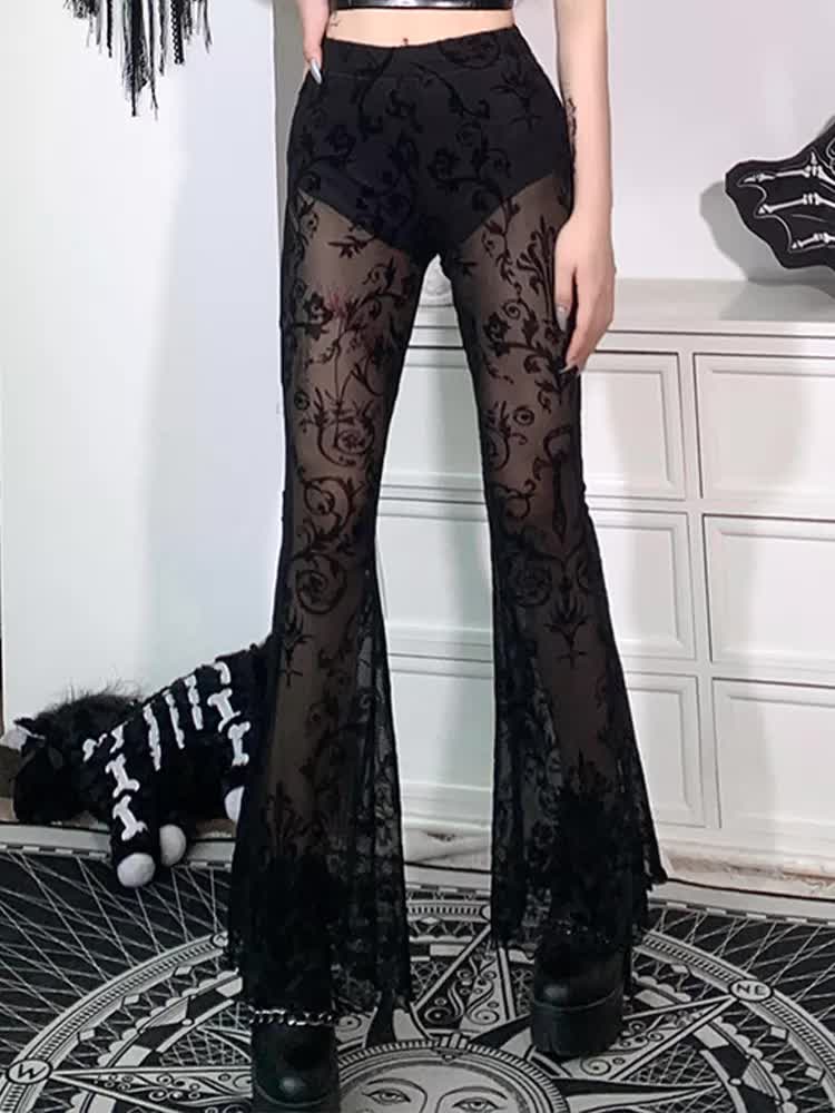 Pantalon gothique punk rave Cybernetic noir en tissu transparent avec motifs baroques et jambes évasées