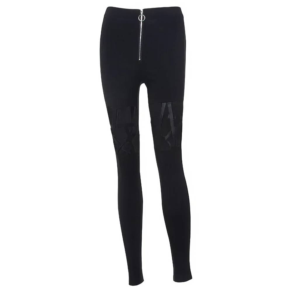Pantalon gothique Victorium noir en tissu extensible avec motif pentagramme en velours et fermeture éclair avant