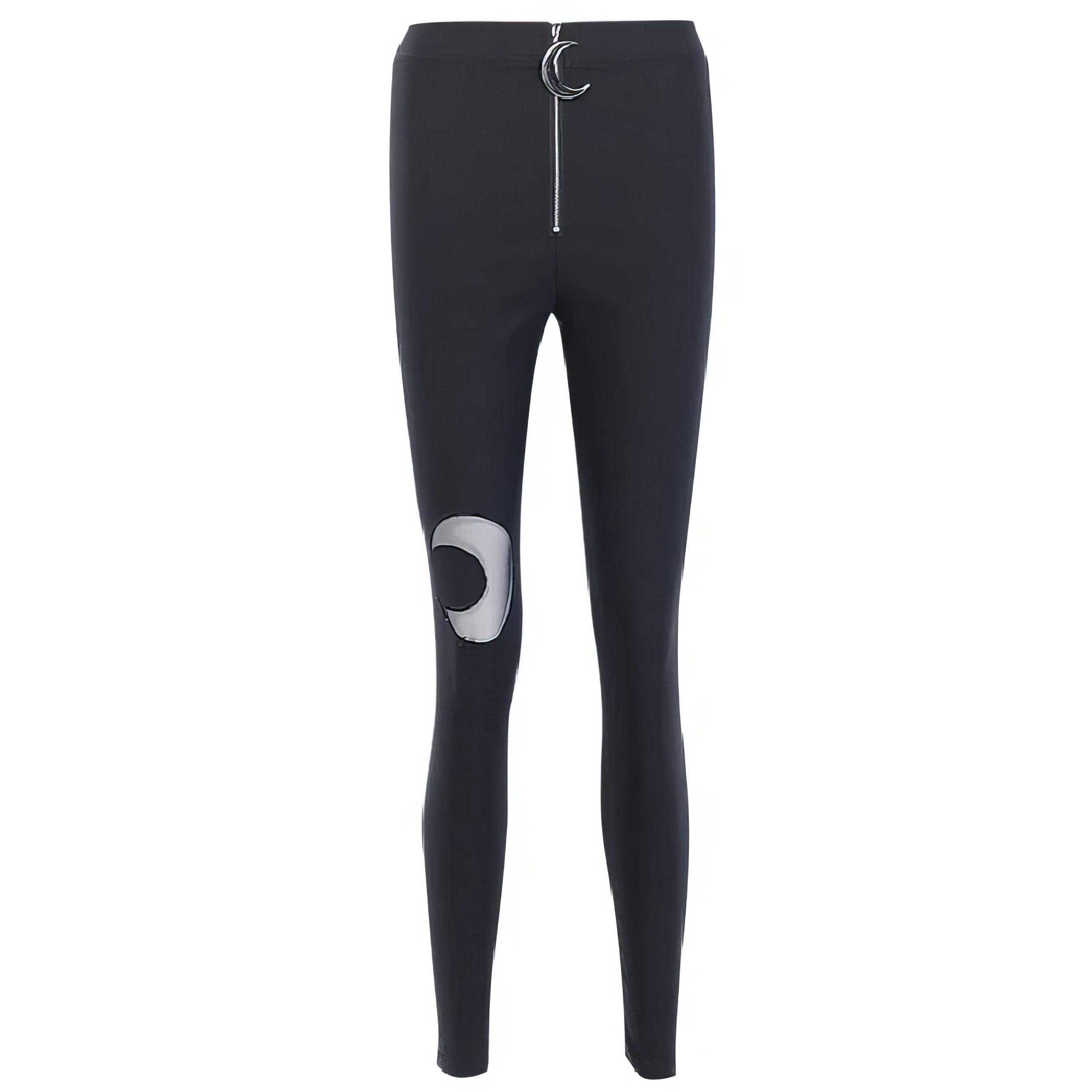 Pantalon noir gothique en tissu extensible avec motif lune blanche sur la jambe gauche, modèle MysticMoon