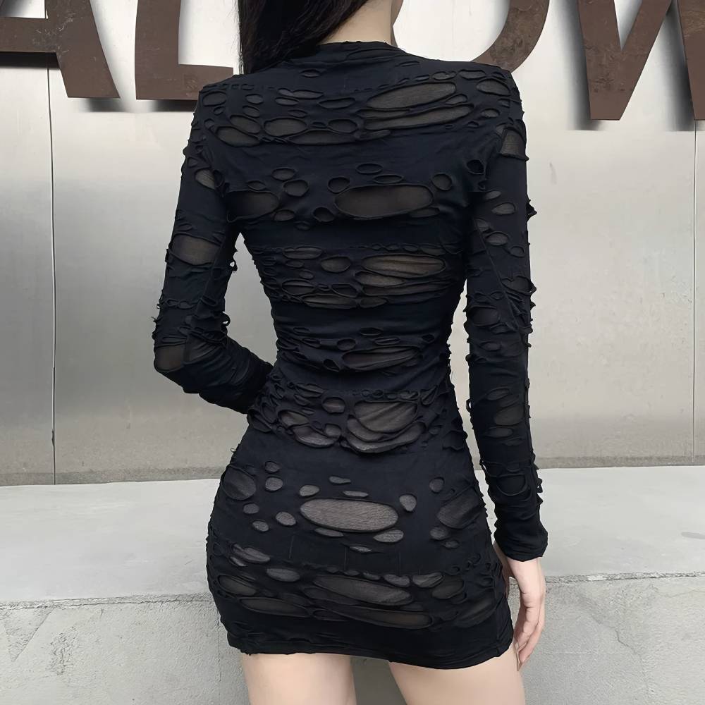Robe courte gothique ShadowSeeker noire en tissu déchiré avec manches longues vue de dos