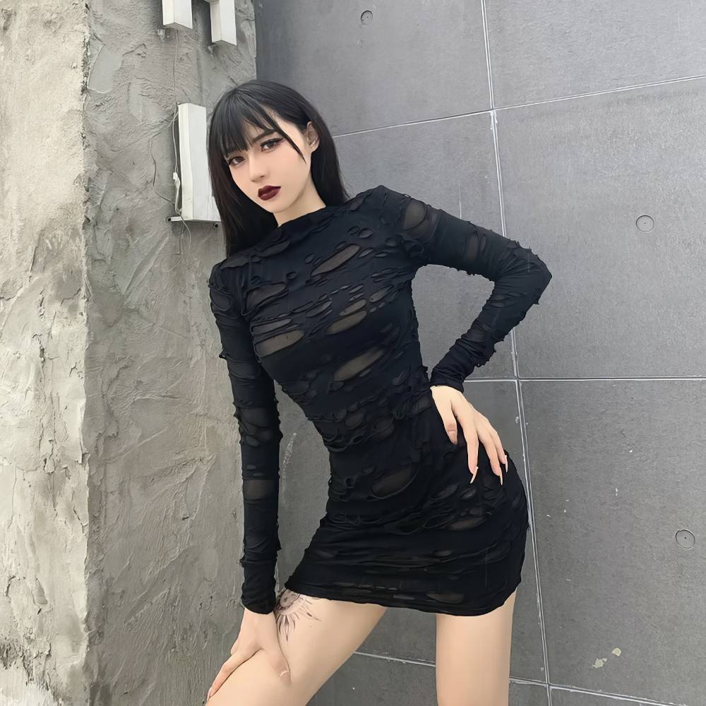 Robe courte gothique ShadowSeeker noire en tissu déchiré transparent à manches longues