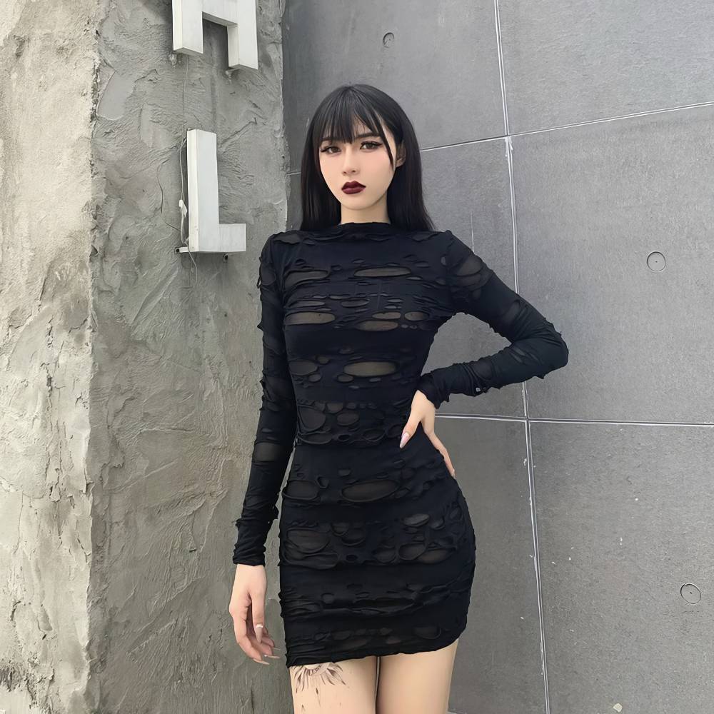 Robe courte gothique ShadowSeeker noire en tissu semi-transparent à motifs déchirés, manches longues ajustées