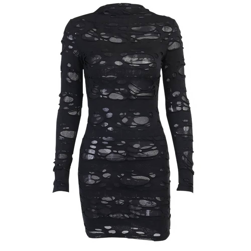 Robe courte gothique ShadowSeeker noire en tissu déchiré avec manches longues ajustées
