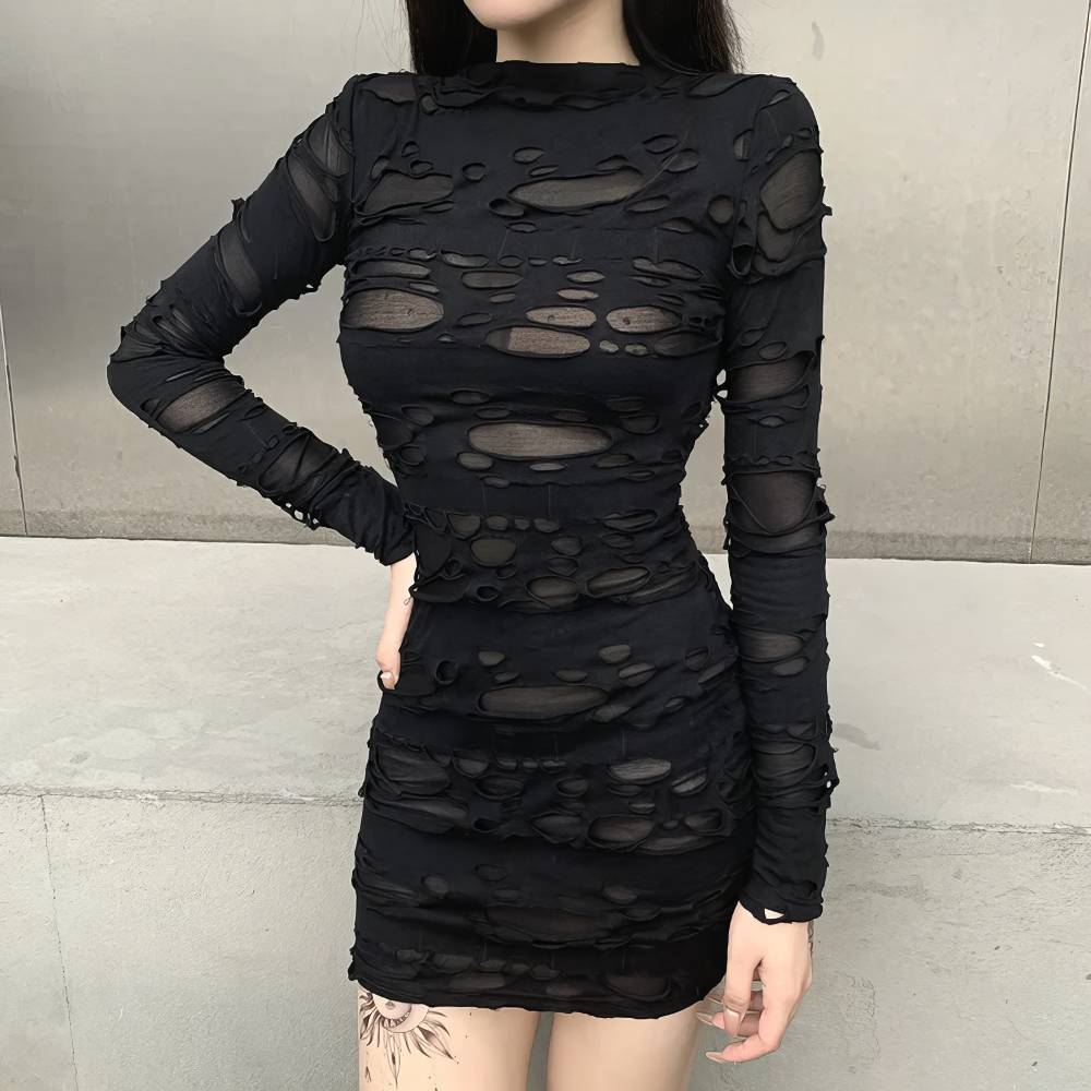 Robe courte gothique ShadowSeeker noire en tissu déchiré transparent à manches longues