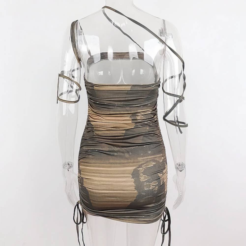 Robe gothique fille CyberCascade noire et beige en tissu transparent avec effet plissé et manches longues en spirale