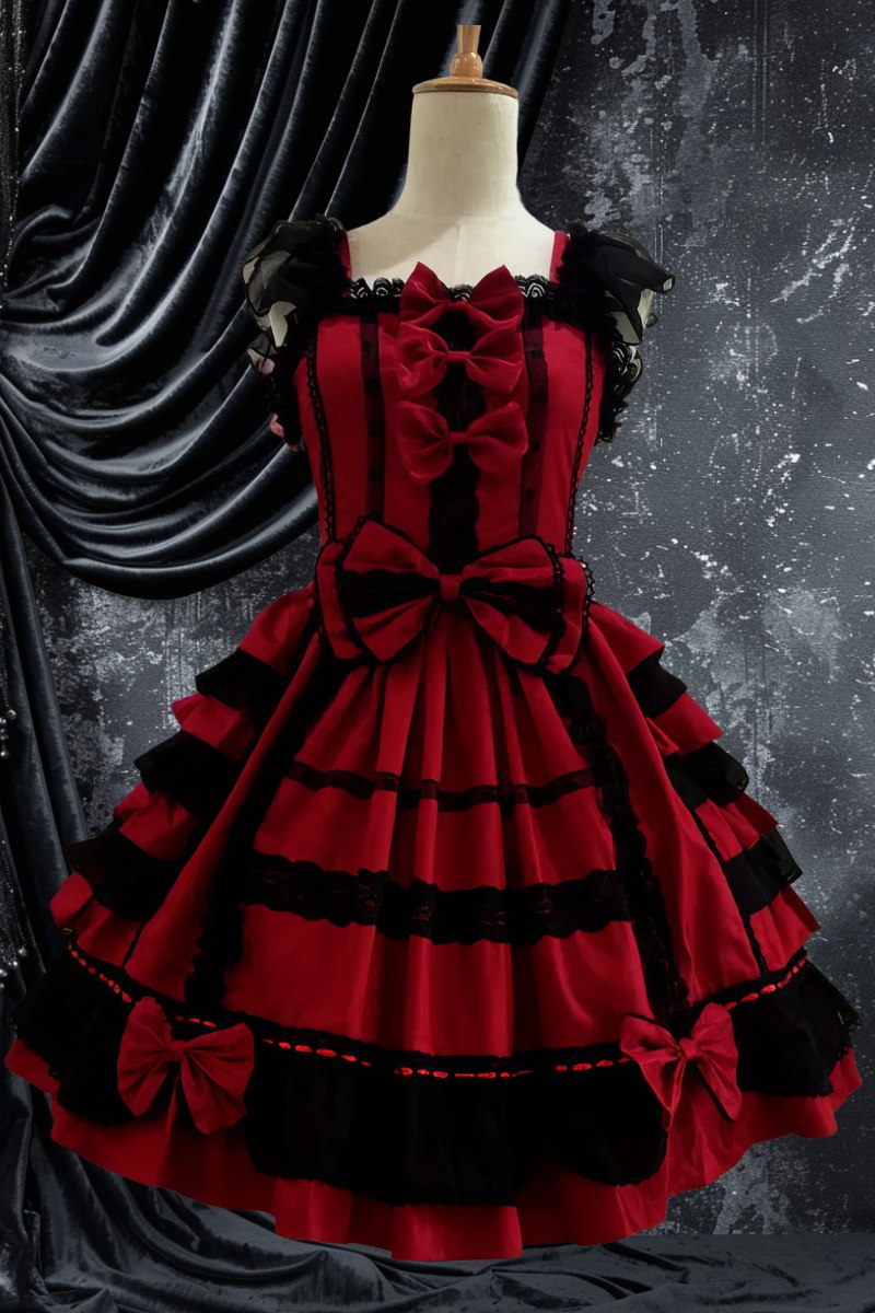 Robe gothique lolita rouge et noire en velours avec volants et nœuds noirs, modèle Lolivia