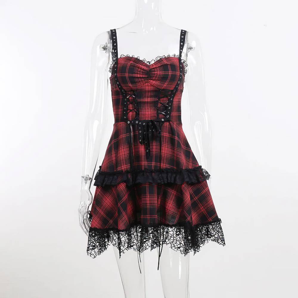 Robe courte gothique rouge à carreaux avec dentelle noire Moonfrostia, détail bretelles fines et jupe évasée
