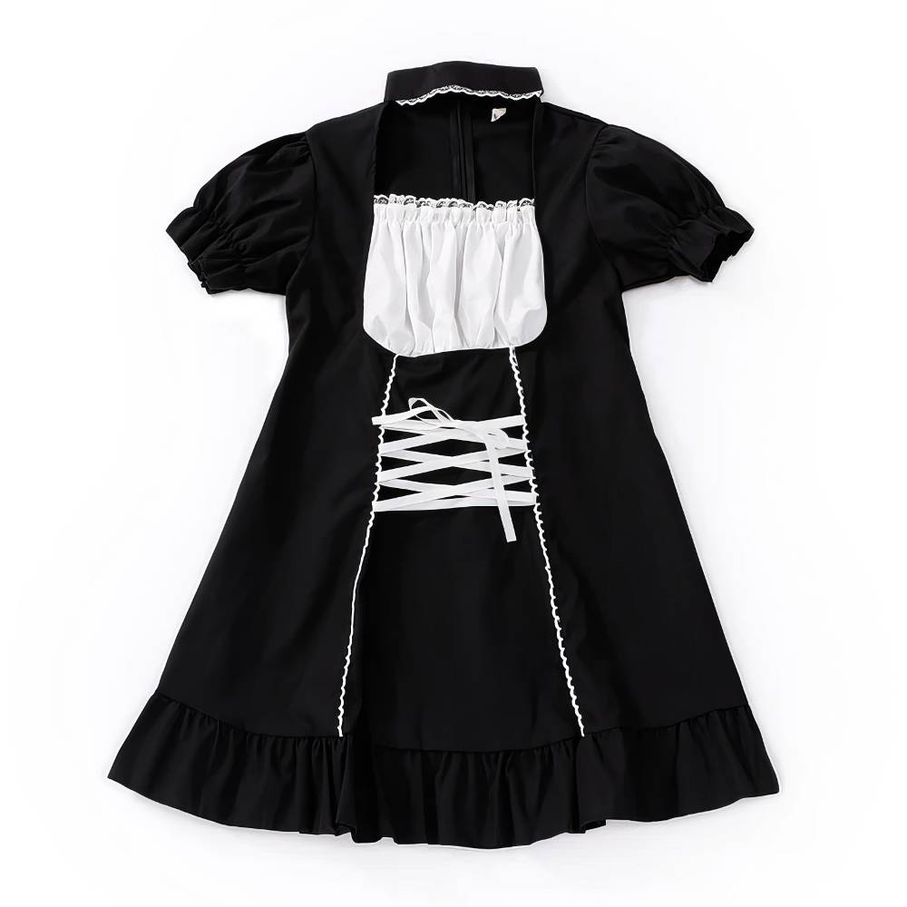 Robe style japonais gothique noire avec corset lacé blanc, manches bouffantes et volant au bas