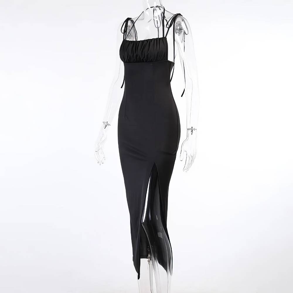Robe longue gothique grande taille noire en tissu uni avec bretelles fines nouées et fente frontale