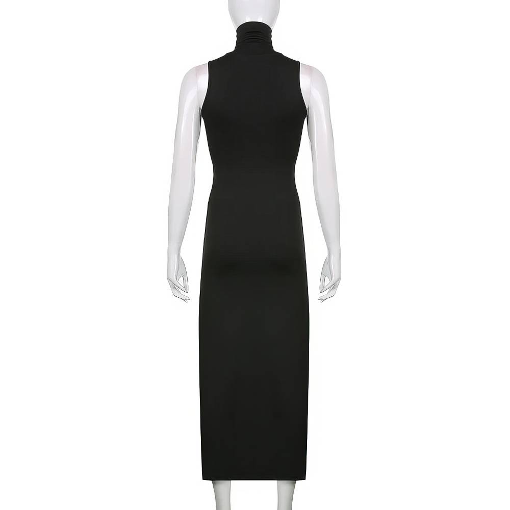 Robe longue gothique romantique RebelRadiance noire vue de dos, coupe droite et col montant