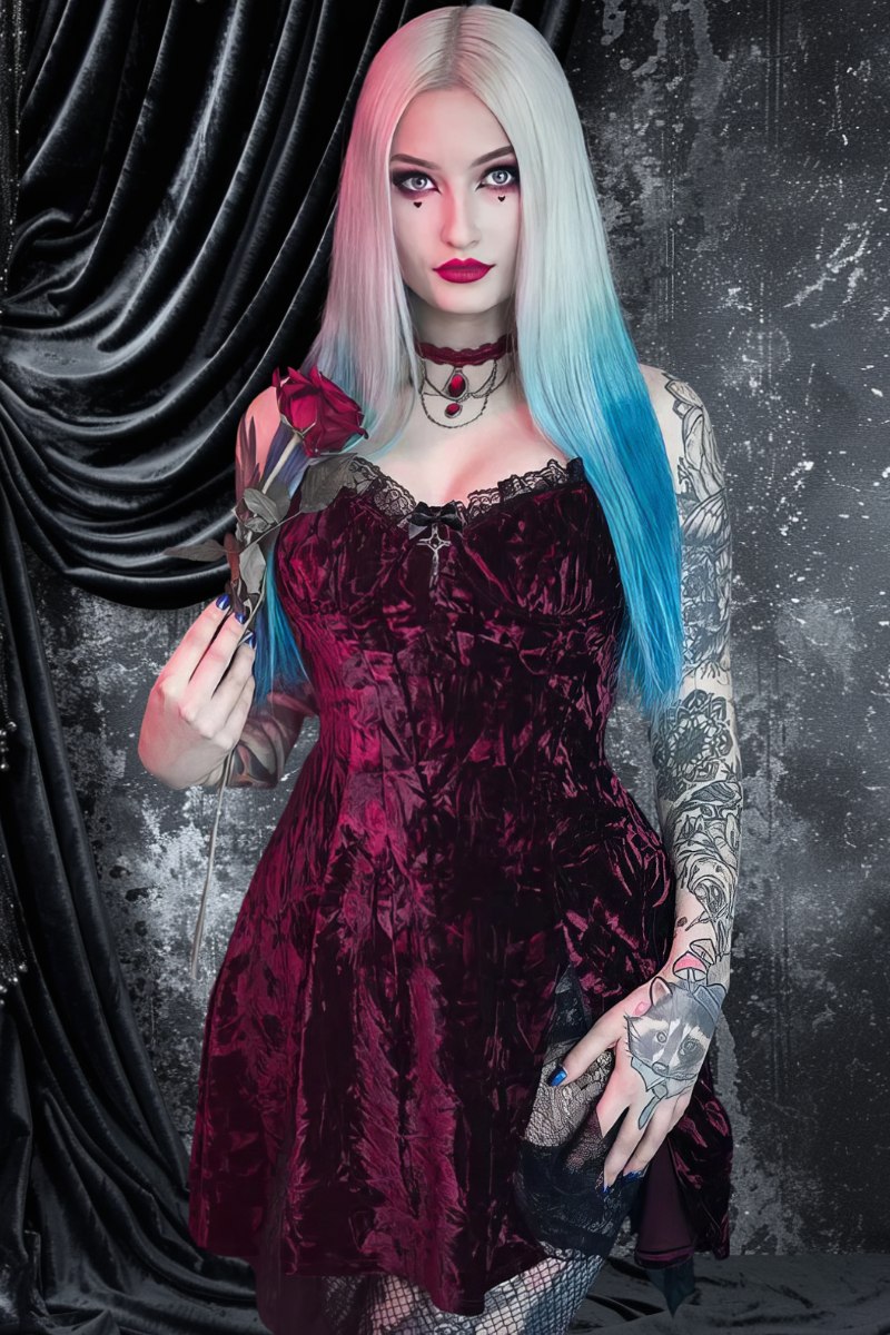 Robe rouge gothique PhantomParadox en velours avec décolleté en cœur et dentelle noire, portée par un modèle aux cheveux longs bicolores bleu et blanc, ambiance sombre et mystérieuse