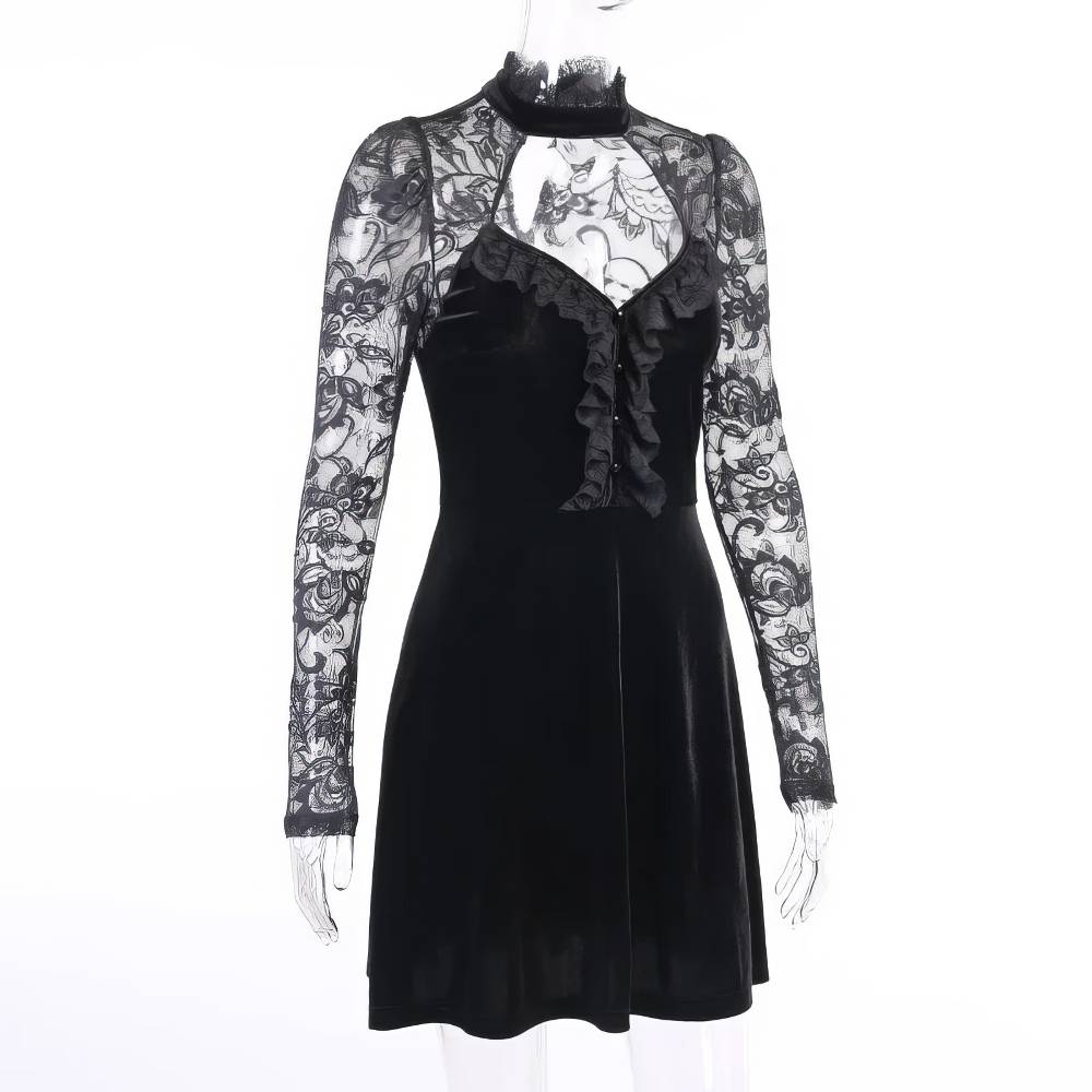 Robe de soirée gothique NightFlame en velours noir avec manches longues en dentelle noire à motif floral, col montant en dentelle et volant asymétrique sur le devant
