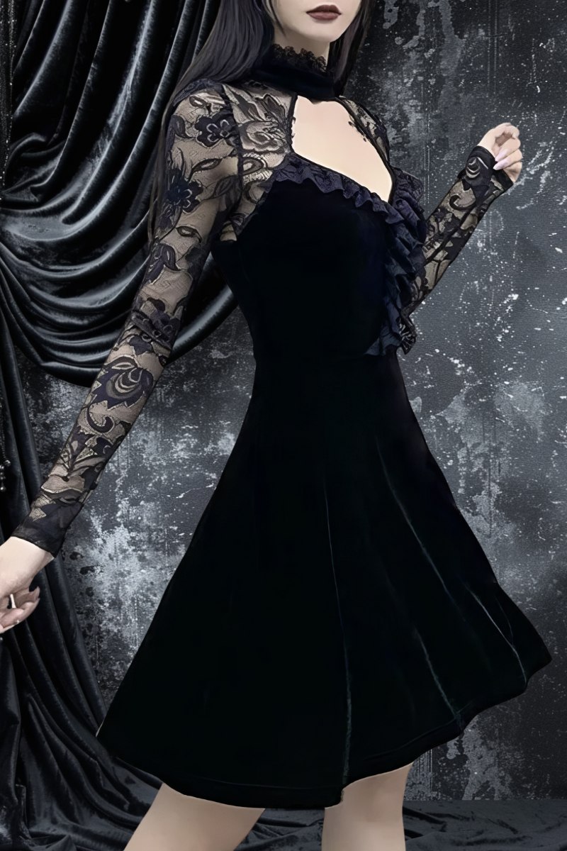 Robe de soirée gothique NightFlame en velours noir avec manches longues en dentelle noire à motif floral et col montant à volants
