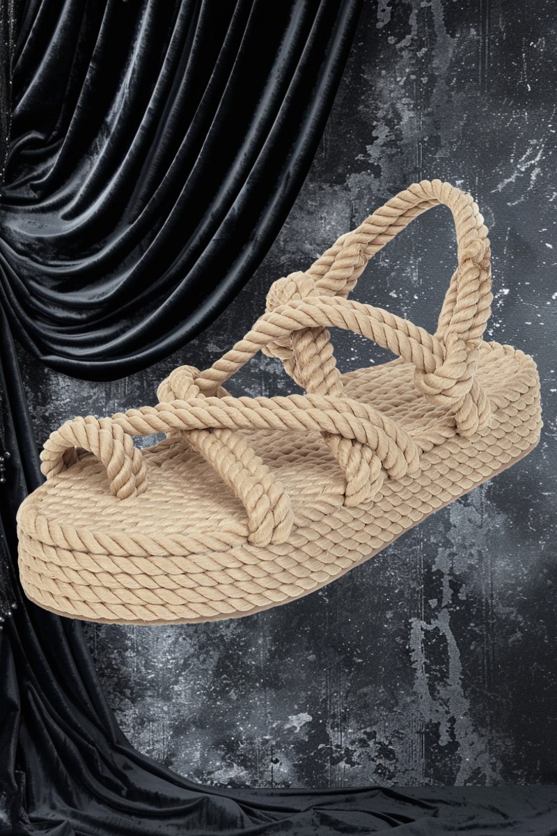 Tongs gothiques MysticMosaic en corde beige tressée avec semelle plate et brides croisées