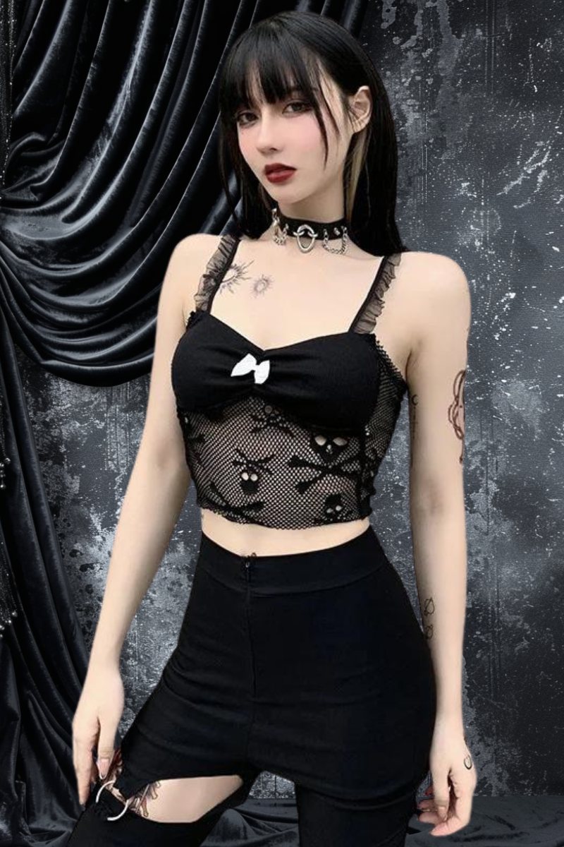 Top gothique femme noir en dentelle avec nœud blanc et bretelles fines, style gothique chic