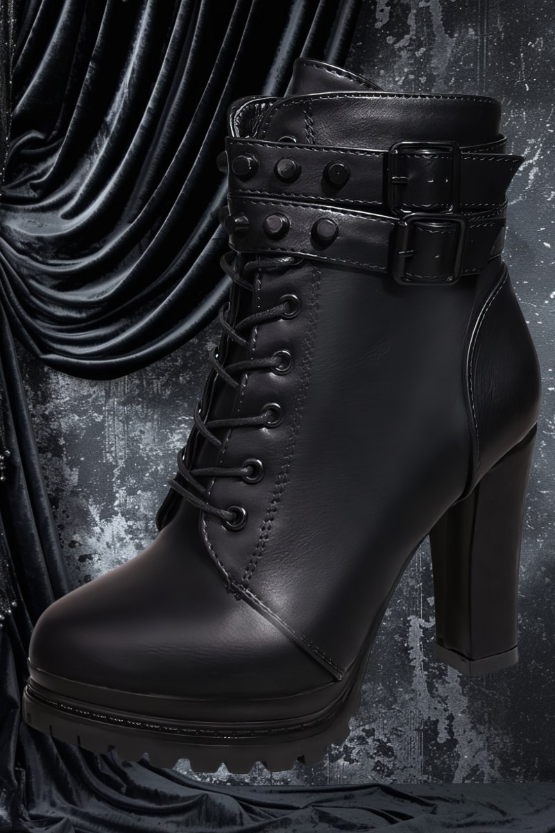 Bottines gothiques talon haut en cuir noir avec lacets et boucles décoratives